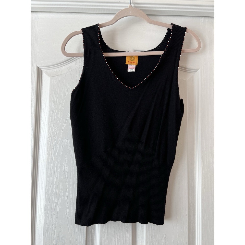VTG Y2K Black Beaded Tank Top woven‎ Ruby Rd Medium Red Cami Office Career Wear